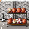 Organized Sports Equipment Collection With Basketballs And Cones On Metal Shelf