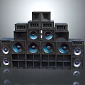 Stacked Black Audio Speakers Featuring Multiple Circular Blue Center Drivers 3d model