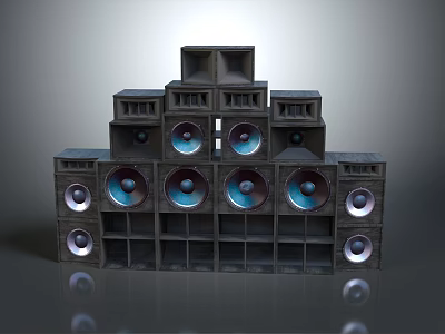 Stacked Black Audio Speakers Featuring Multiple Circular Blue Center Drivers 3d model