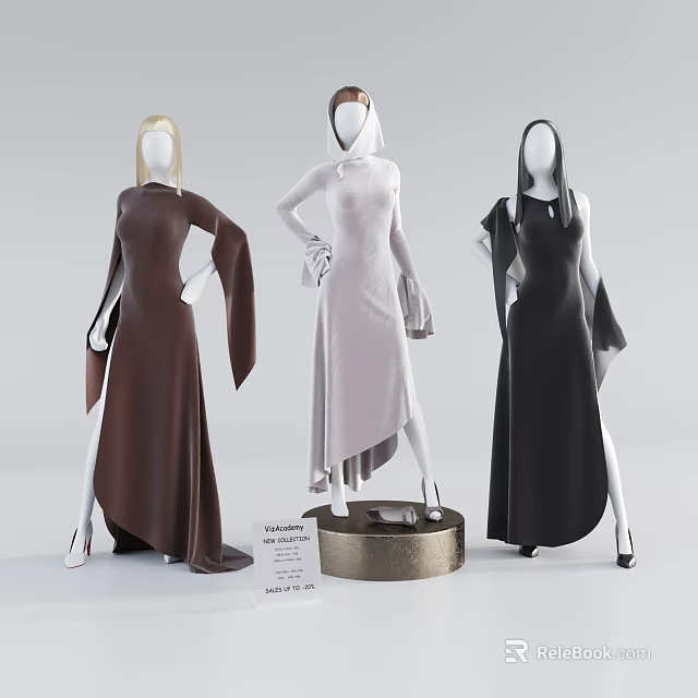 Fashion Mannequins Wearing Brown Beige Black Long Dresses With Unique Cuts And Poses On Stand 3d model 