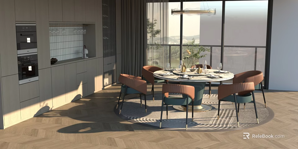 Modern Restaurant Interior With Round Dining Table Orange Blue Chairs Large Windows And Herringbone Flooring 3d model 