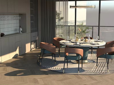 Modern Restaurant Interior With Round Dining Table Orange Blue Chairs Large Windows And Herringbone Flooring 3d model