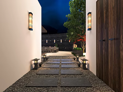 Homestay Building Entrance With Stone Path White Walls Lantern Lamps And Green Trees At Night 3d model