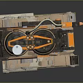 Orange And Black Military Armored Tank With Caterpillar Tracks And Turret Structure