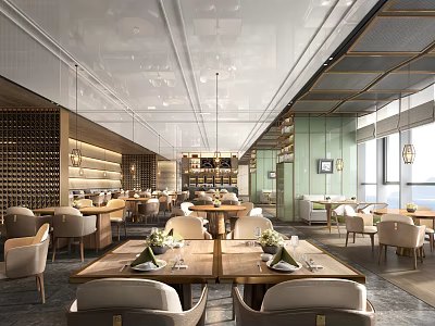 Modern Elegant Restaurant Interior With Open Layout Chandeliers Dining Tables Large Windows And Green Plants 3d model