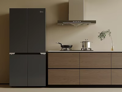 Modern Kitchen Appliances With Black Refrigerator Range Hood And Wooden Cabinets 3d model