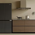 Modern Kitchen Appliances With Black Refrigerator Range Hood And Wooden Cabinets