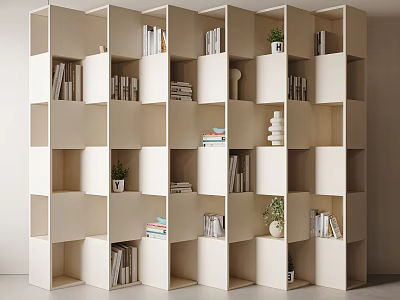 Modern Minimalist Modular Bookcase With Multiple Compartments Books And Small Decorative Plants 3d model