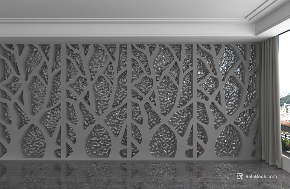 Modern Interior Decorative Background Wall With Intricate Tree Pattern Laser Cut Design And Smooth Floor 3d model