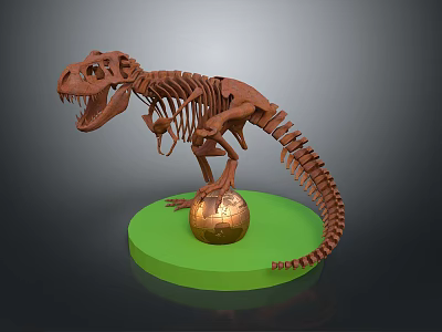 T Rex Dinosaur Skeleton Model Display on Green Base With Golden Sphere 3d model