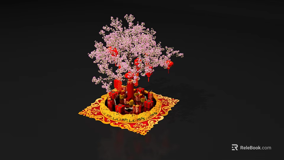 Decorative Pink Flowering Tree With Red Lanterns On Gold Red Carpet 3d model 