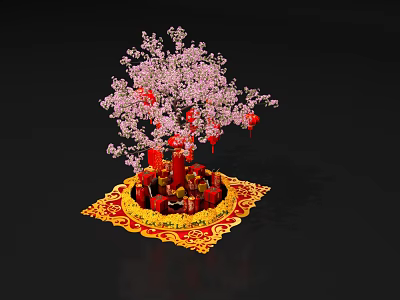 Decorative Pink Flowering Tree With Red Lanterns On Gold Red Carpet 3d model