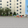 Green Commercial Street Featuring Garbage Classification Boards Trees Benches And Pedestrians 3d model