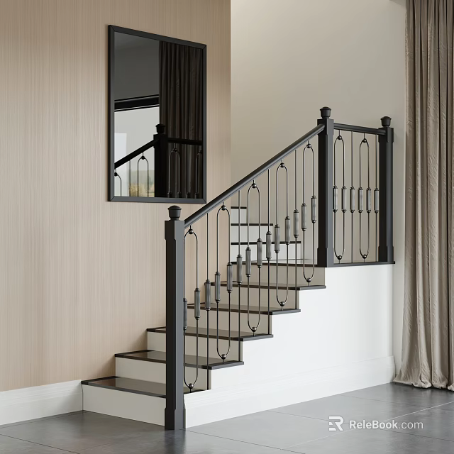 Modern Staircase With Black Iron Railings White Steps Beige Walls Mirror And Curtains 3d model 