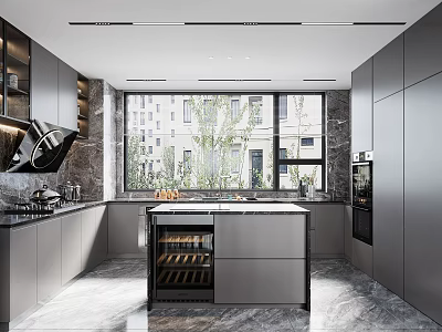 Modern Kitchen With Gray Cabinets Marble Island Wine Rack And Large Windows 3d model