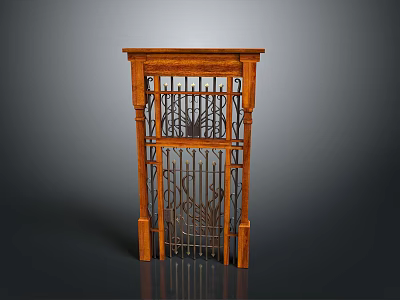 Traditional Wooden Gate With Intricate Iron Grille And Carved Frame Design 3d model
