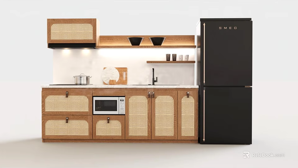 Modern Kitchen With Wooden Cabinets Woven Texture Doors Microwave And Black Refrigerator 3d model 