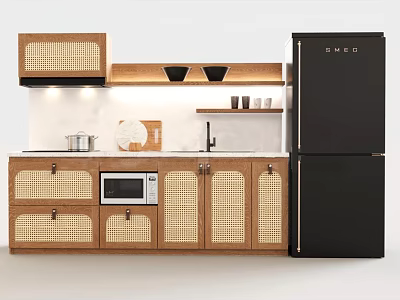 Modern Kitchen With Wooden Cabinets Woven Texture Doors Microwave And Black Refrigerator 3d model