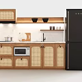 Modern Kitchen With Wooden Cabinets Woven Texture Doors Microwave And Black Refrigerator