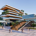 Modern Office Building Design With Rooftop Greenery Open Plaza And Pedestrians