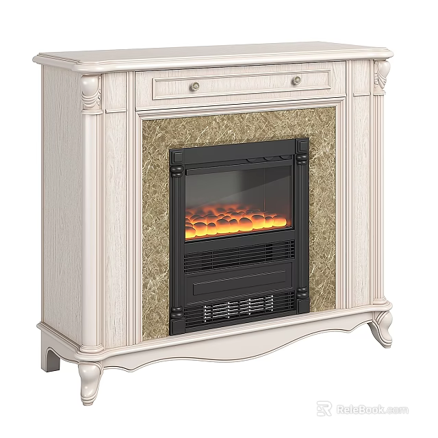 Elegant White Classical Fireplace With Drawers And Simulated Flames Decorative Frame 3d model