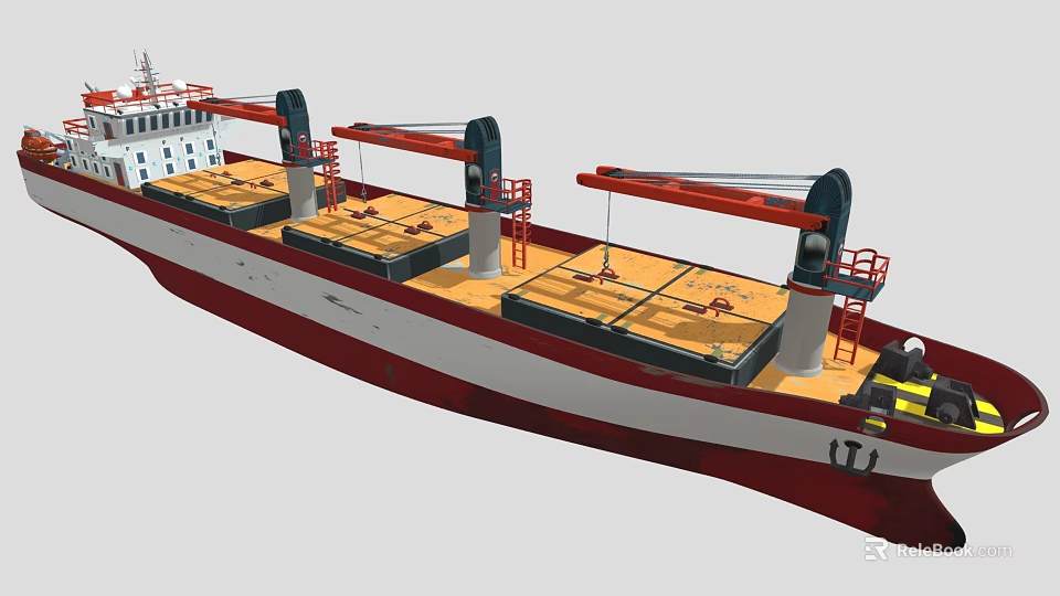 Red and White Cargo Ship with Multiple Cranes on Yellow Deck Areas 3d model 