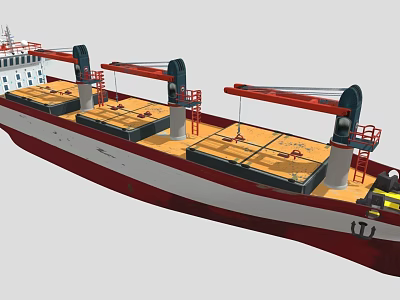Red and White Cargo Ship with Multiple Cranes on Yellow Deck Areas 3d model