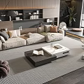 Modern Living Room Sofa And Coffee Table Set With Beige Cushions Wooden Tables And Green Plant