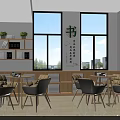 Cozy Reading Space Interior With Large Windows Bookshelves Tables Chairs And Calligraphy Art