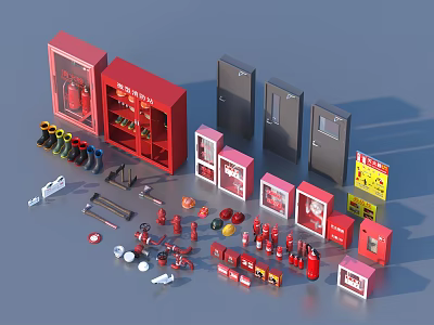 Essential Fire Safety Equipment Including Extinguishers Cabinets Emergency Lights And Warning Signs 3d model