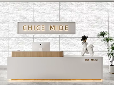 Modern Front Reception Desk Design With Marble Wall Wooden Countertop Computer Plant And Decorative Statue 3d model