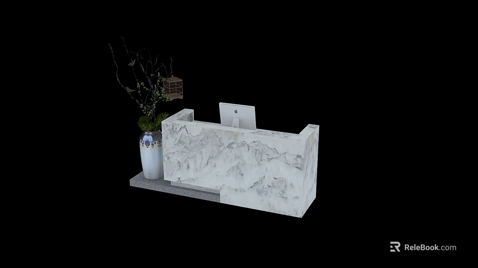 Elegant Marble Reception Desk With Laptop White Vase Plants And Decorative Cage 3d model 