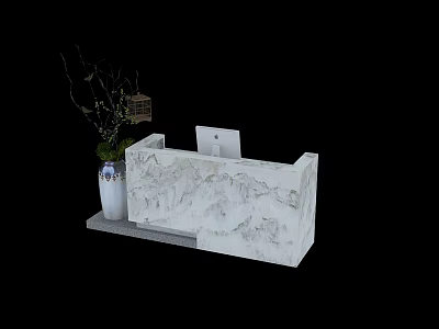 Elegant Marble Reception Desk With Laptop White Vase Plants And Decorative Cage 3d model