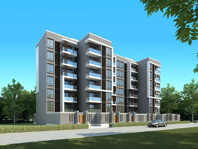 Modern Multi Story Residential Building With Balconies Surrounded By Green Trees Blue Sky And Car 3d model