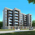 Modern Multi Story Residential Building With Balconies Surrounded By Green Trees Blue Sky And Car