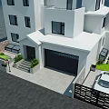 Modern White Two Story Detached Villa With Black Garage Door Green Plants And Iron Gate