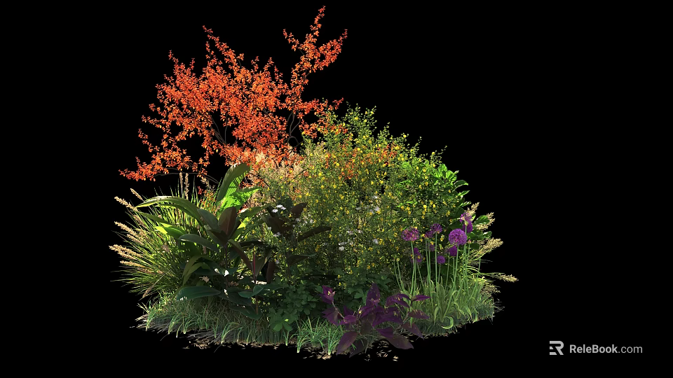 Vibrant Mixed Shrubs With Orange Leaves Green Foliage And Purple Flowers 3d model 