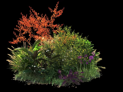 Vibrant Mixed Shrubs With Orange Leaves Green Foliage And Purple Flowers 3d model