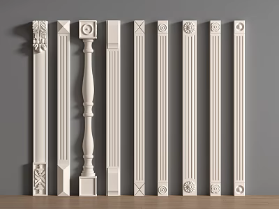 White Decorative Columns Featuring Carved Patterns And Various Profiles For Interior Design 3d model