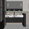 Modern Bathroom Interior With Marble Countertop Black Vanity Cabinets And Patterned Wallpaper 3d model