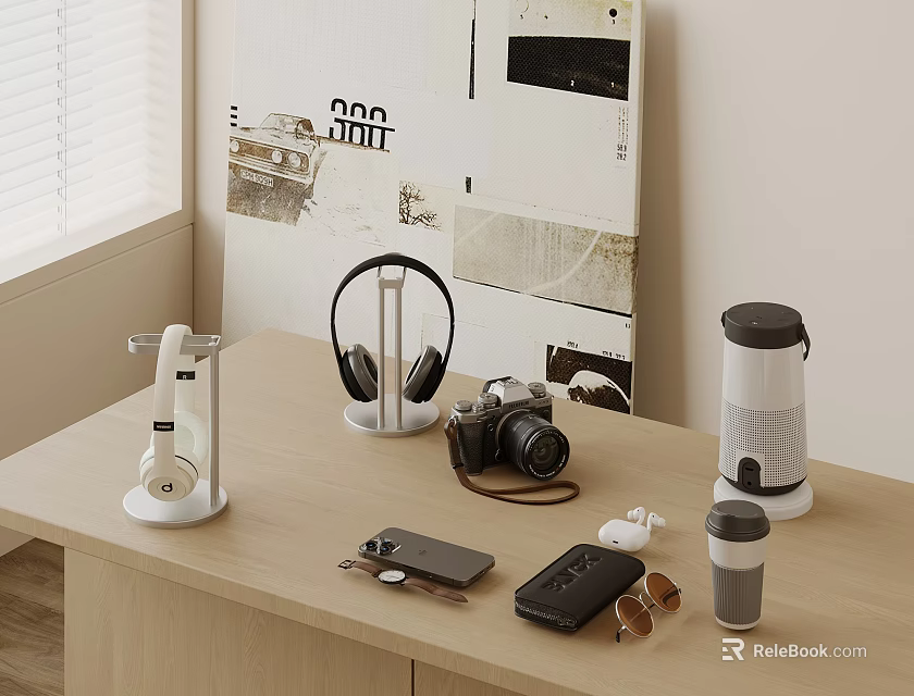 Modern Headphones And Wireless Speaker On Wooden Desk With Camera Smartphone And Sunglasses 3d model 