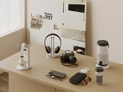 Modern Headphones And Wireless Speaker On Wooden Desk With Camera Smartphone And Sunglasses 3d model