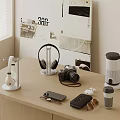 Modern Headphones And Wireless Speaker On Wooden Desk With Camera Smartphone And Sunglasses