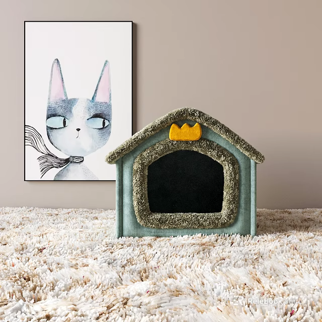Decorative Ornament Combination Featuring Green Pet House Yellow Crown And Cat Painting On Soft Carpet 3d model 