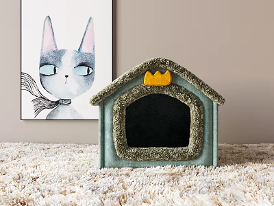 Decorative Ornament Combination Featuring Green Pet House Yellow Crown And Cat Painting On Soft Carpet 3d model