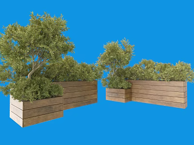 Potted Plants In Wooden Planters With Lush Green Foliage And Natural Design 3d model