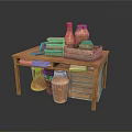 Artisanal Carved Clay Sculptures Displayed On Wooden Table With Books And Vessels