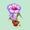 Purple Petunia Plant with Pink Centers Green Leaves in Brown Pot on Light Green Background