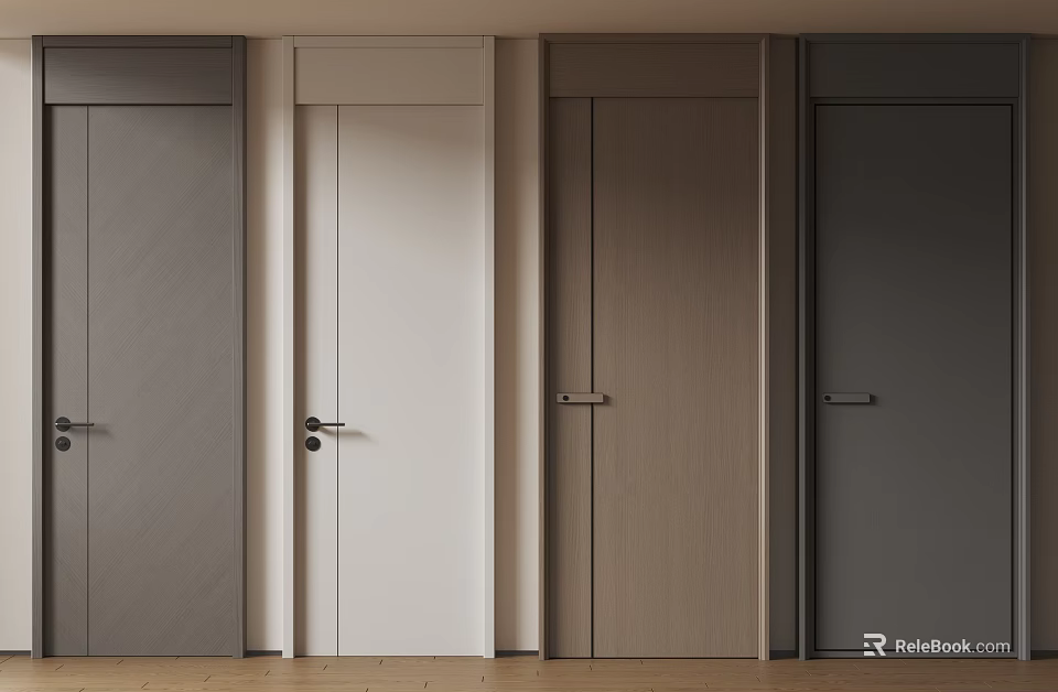 Modern Flush Doors in Various Tones with Wooden Finish and Door Handles for Interior Design 3d model 