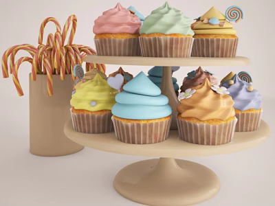 Colorful Frosted Cupcakes On Two Tiered Stand With Assorted Decorations And Candy Canes 3d model